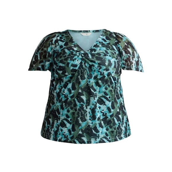 Terra & Sky Tops - Terra & Sky Women’s Plus Twist Front Mesh Top with Short Sleeves, Size 1X